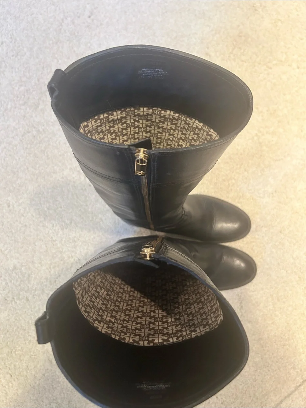 Tory Burch Black Leather Tall Riding Boots with Gold Logo